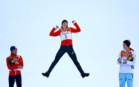Обладатель золотой медали в дисциплине лыжное двоеборье Эрик Френцель на олимпиаде в Сочи