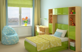 Зеленая кровать в детской комнате