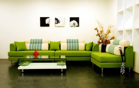 Green sofa in living room