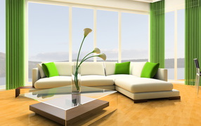 Зеленые тона в оформлении гостиной