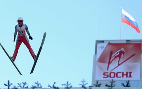 Jumping on the ski jumping in the Olympics in Sochi
