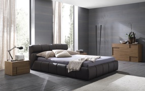 Leather bed in the bedroom