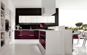 Purple color of the furniture in the kitchen
