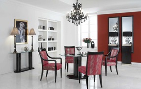 Red chairs in the dining room