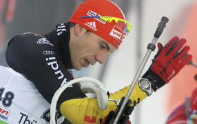 Обладатель серебряной медали немецкий биатлонист Арнд Пайффер на олимпиаде в Сочи