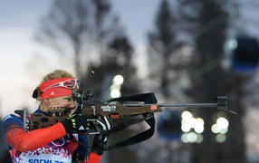 Обладательница серебряной медали российская биатлонистка  Ольга Вилухина на олимпиаде в Сочи