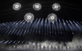 Snowflakes-ring over a field of the stadium at the opening of the Olympic Games in Sochi
