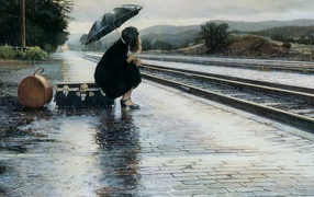 	   Girl with umbrella on the platform