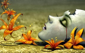 Лицо девушки среди цветов, 3Д графика