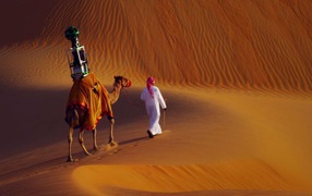 Bedouin with a camel in the desert