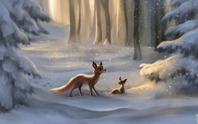Лиса с сыном в заснеженном лесу