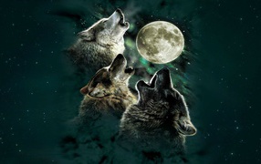 Волки и Луна на зеленом фоне