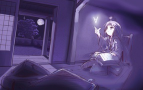 Девочка аниме ловит букву из книги