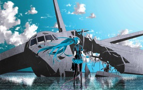 Аниме девушка у рухнувшего самолета