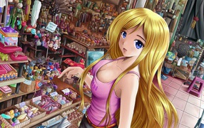 Anime girl in the store cosmetics