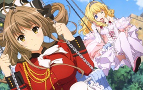 Девушки аниме на качелях в бриллиантовом парке