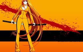 Аниме девушка на оранжевом фоне с катаной