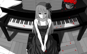 Аниме девушка сидит у пианино