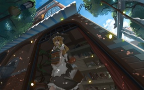 Девушка аниме со стопкой книг