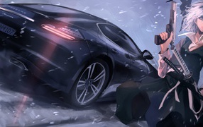 Вооруженный персонаж аниме и Porsche Panamera