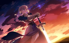 Огненный меч в руке девушки аниме Fate Series