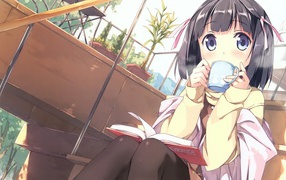 Girl drinking tea in the anime One only God knows the world
