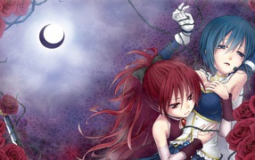 Girls under the moon in the anime Mahou Shoujo Madoka Magica