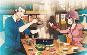 Парень и девушка за столом в аниме Monogatari Series