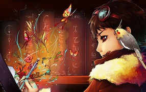 Попугай на плече аниме девушки