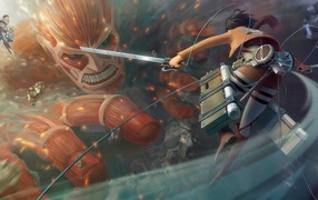Сражение с монстром в аниме Shingeki no Kyojin