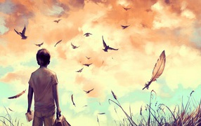 Мальчик смотрит на птиц