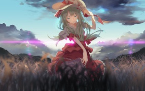 Девушка в шляпе идет по полю, аниме Kagiyama Hina