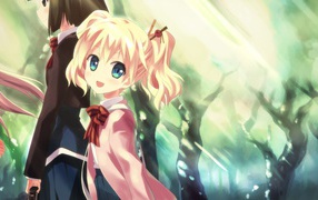 Девочка ведет младшую сестру в школу, аниме