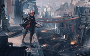 Девушка смотрит на город с высоты, аниме Pixiv Fantasia T