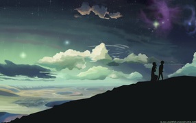 Силуэты двух человек на холме в аниме 5 Centimeters Per Second