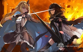 Две девушки на фоне огня, аниме Pixiv Fantasia