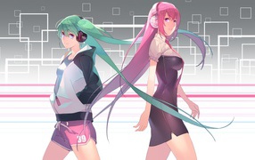 Вокалоиды с зелеными и розовыми волосами, аниме