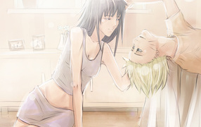 Девушка сидит на полу а парень на кровати