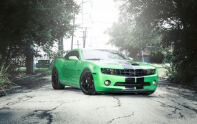 Зеленый Chevrolet Camaro на сером асфальте