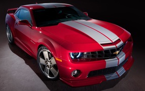 Red Chevrolet Camaro with gray stripe