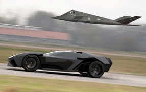 Airplane F-117 Nighthawk competing in speed with Lamborghini