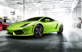 Green Lamborghini Reventon in the garage