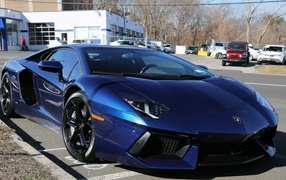 The dark blue car Lamborghini Aventador parked on the street