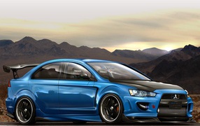 Голубой Mitsubishi Lancer Evo X на фоне гор