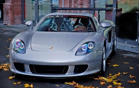 Осенние листья у автомобиля Porsche Carrera GT