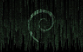 Символ Debian на фоне матрицы