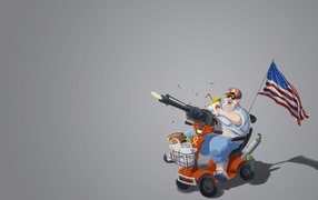 Пулеметчик с флагом, серый фон