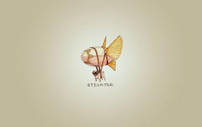 Мопс на дирижабле, серый фон