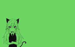 Девушка кошка, аниме зеленый фон