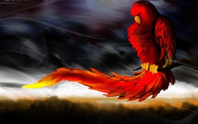 Красная птица ухватилась за ветку во время ветра